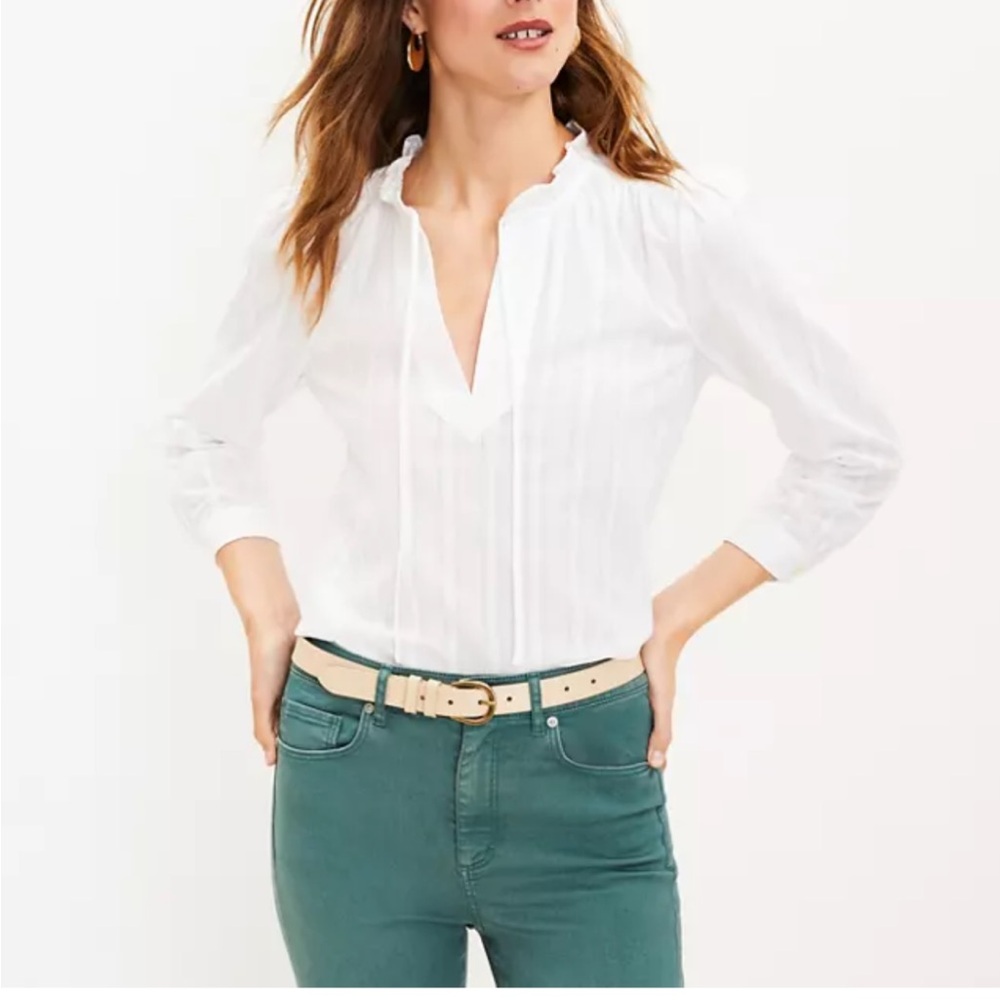 LOFT White Pintuck Ruffle V-Neck Blouse